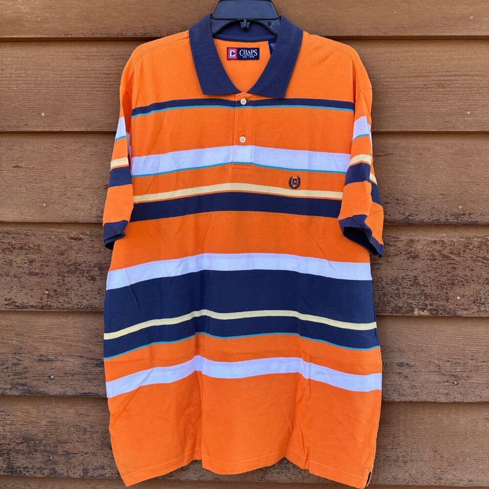 Chaps Orange Striped Polo 100% Cotton Button Up Shirt Size L